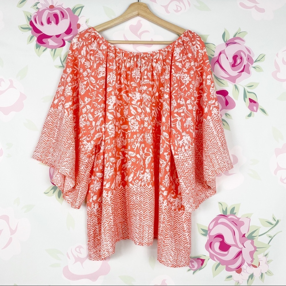Kate & Mallory Orange Boho Floral Print Wide Sleeves Blouse 1X - Picture 5 of 8